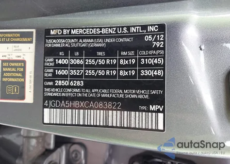 2012 Mercedes-Benz Ml 350 4Matic z USA, uszkodzony, nr VIN 4JGDA5HBXCA083822
